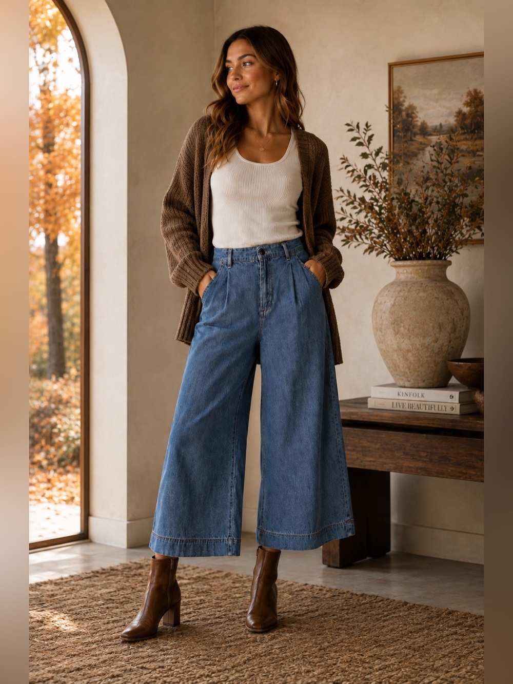 Ellos Wide Leg Chambray Culotte Jeans Elastic Back Size 10 Cropped